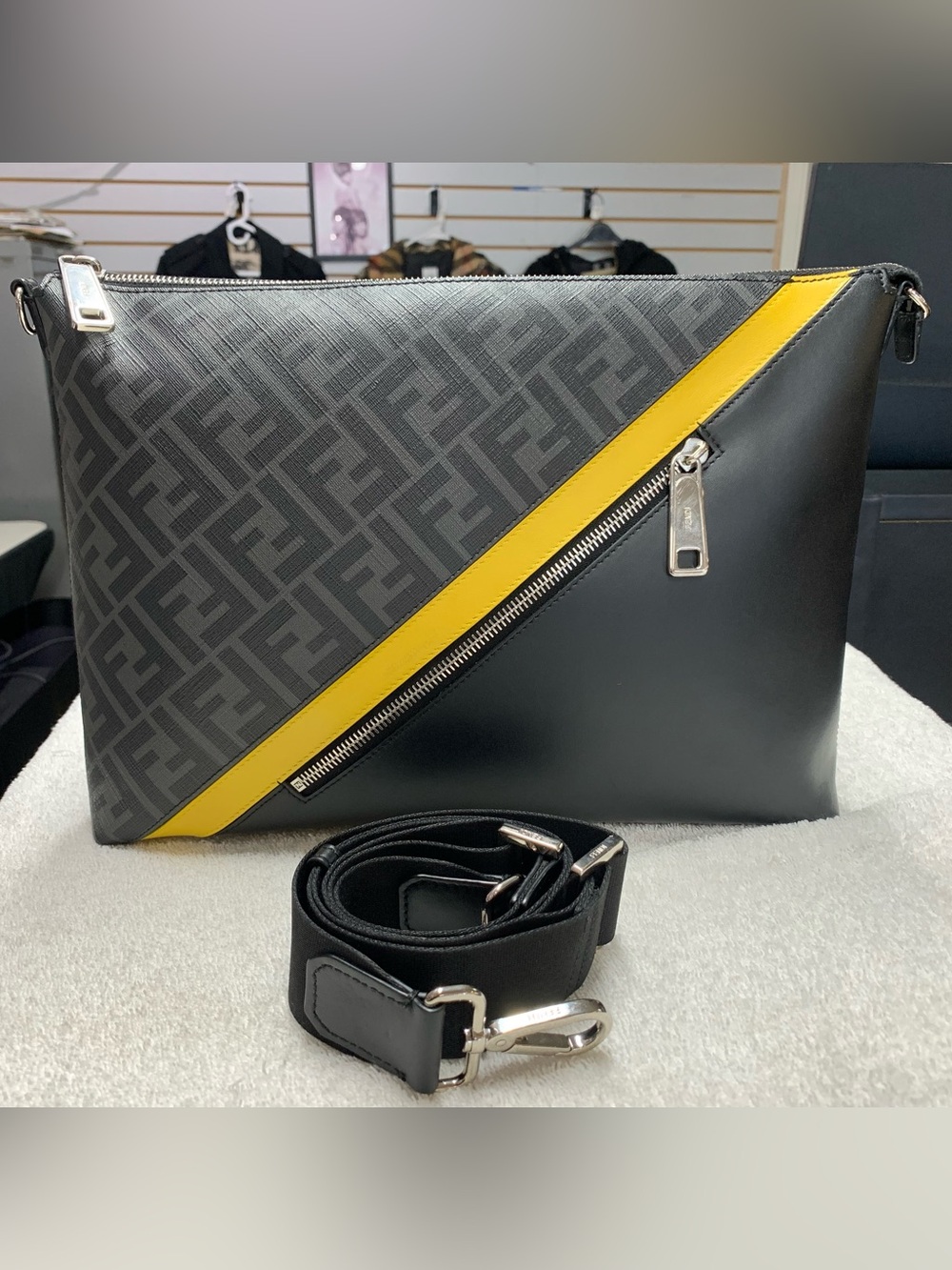 Fendi Diagonal FF Zucca Logo Black Messenger Bag